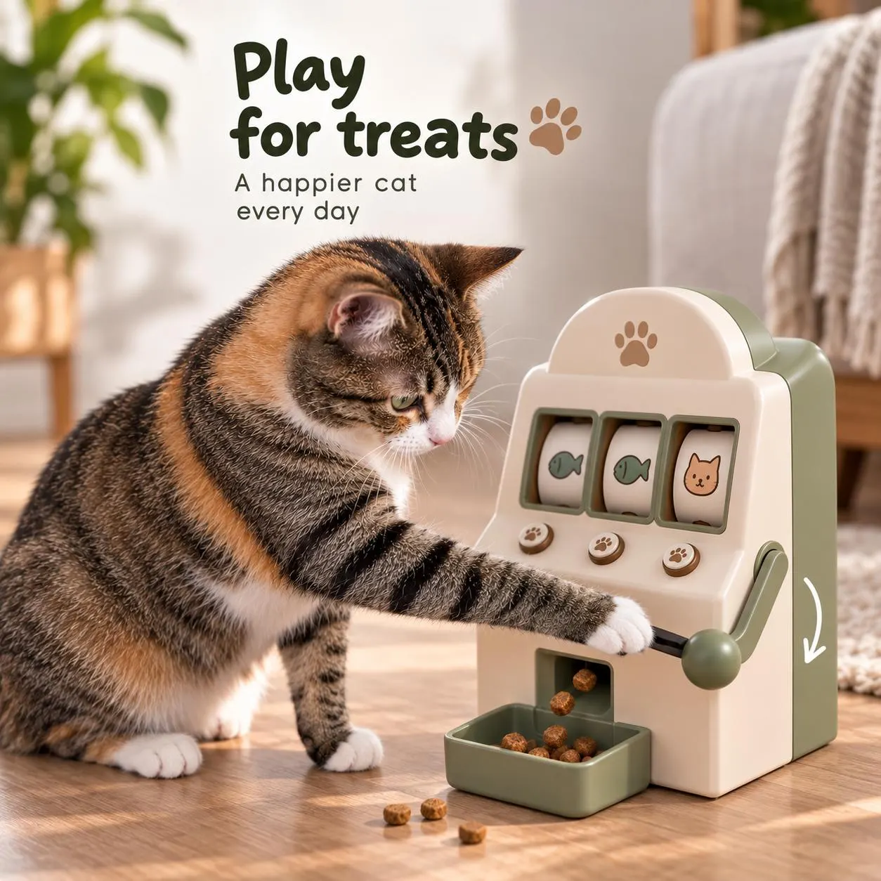 Cat pulling the lever of the Ucika Cat Slot Machine, an interactive cat treat dispenser
